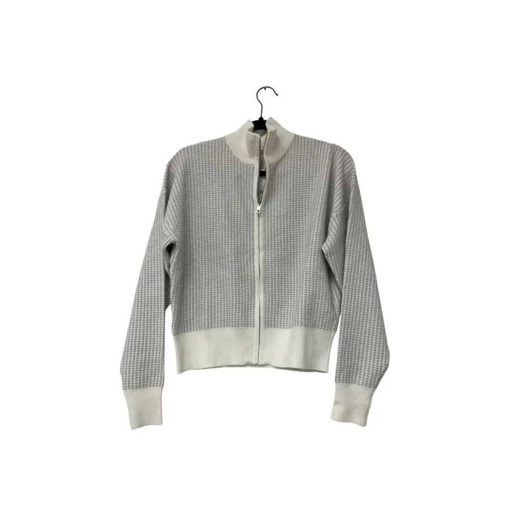 Oysho Womens Waffle Knit Zip-Up Cardigan Sweater Small White Grey 2288/880 NWT